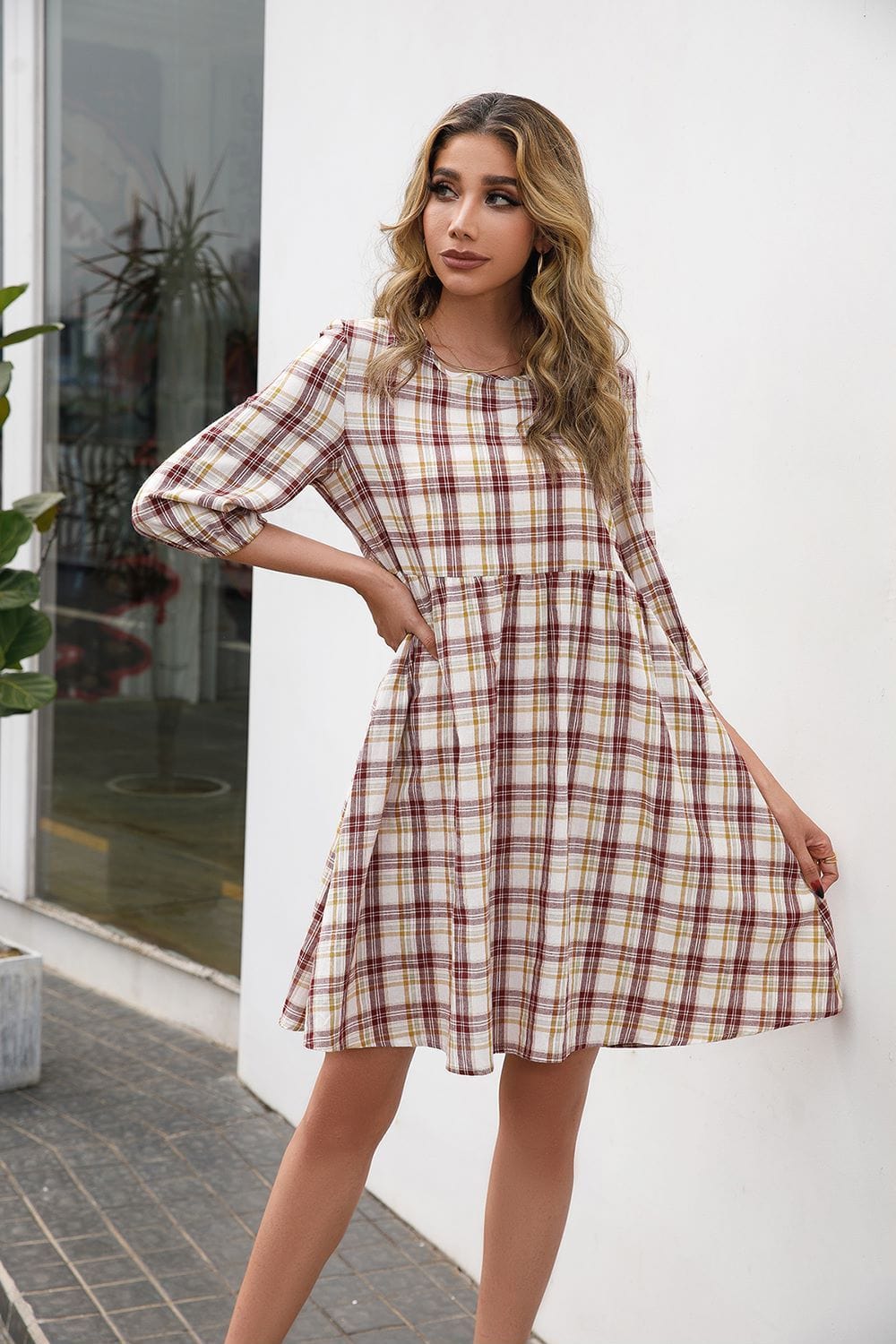 Round Neck Plaid Dress