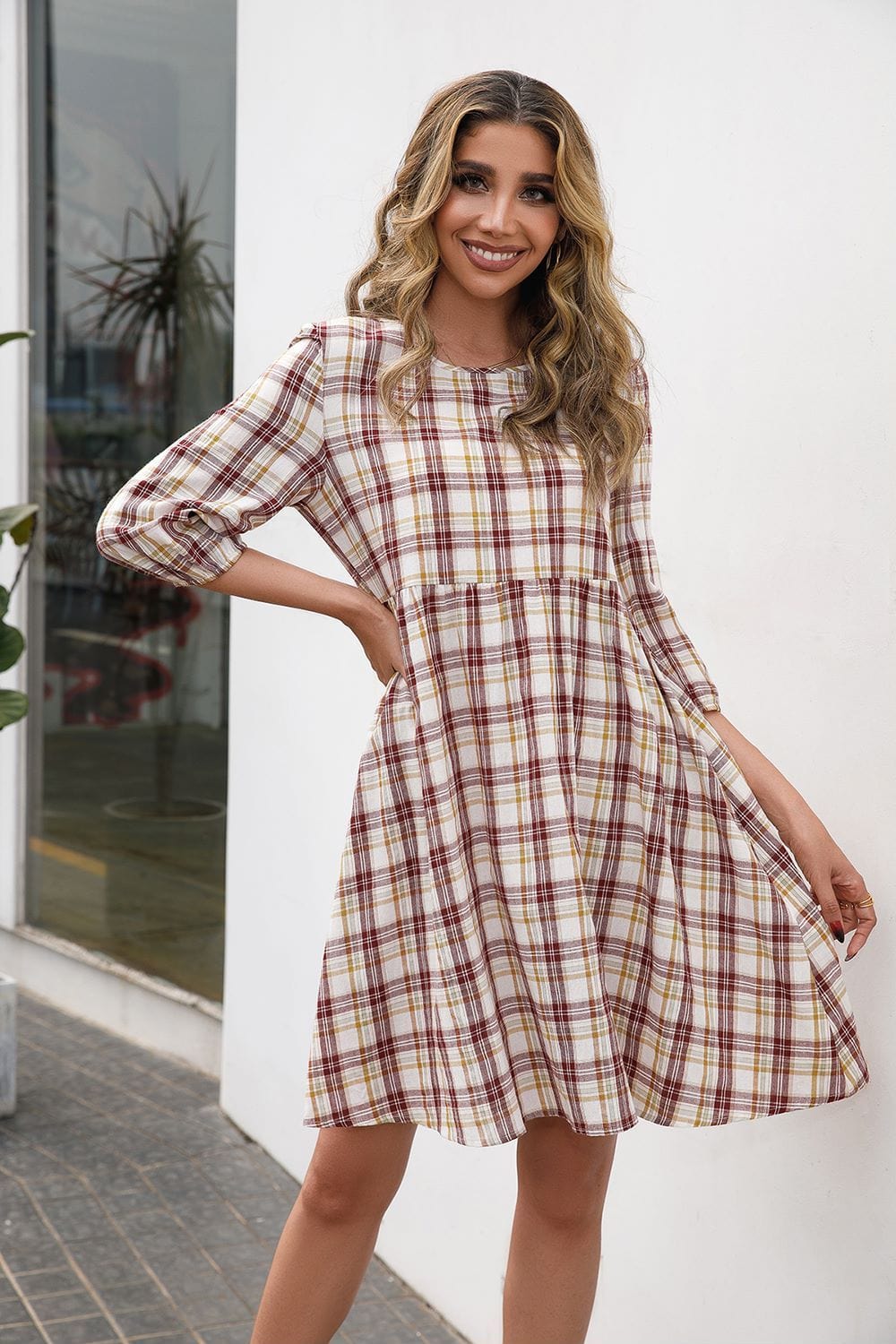 Round Neck Plaid Dress