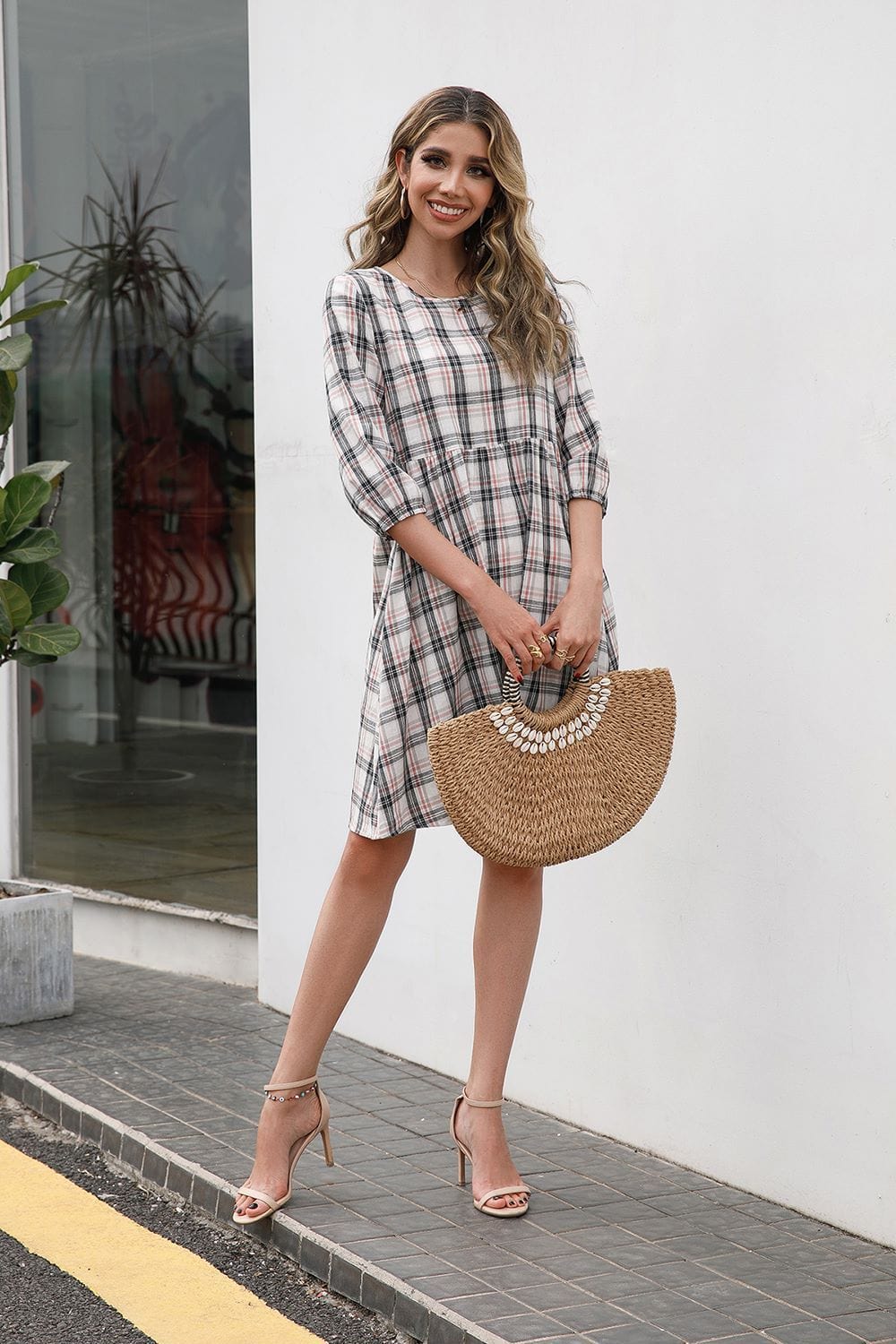 Round Neck Plaid Dress