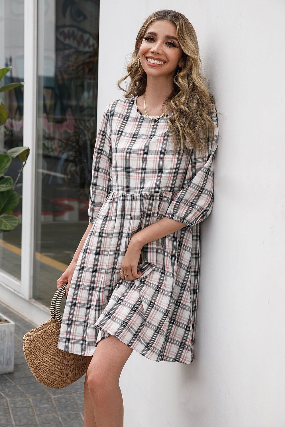 Round Neck Plaid Dress