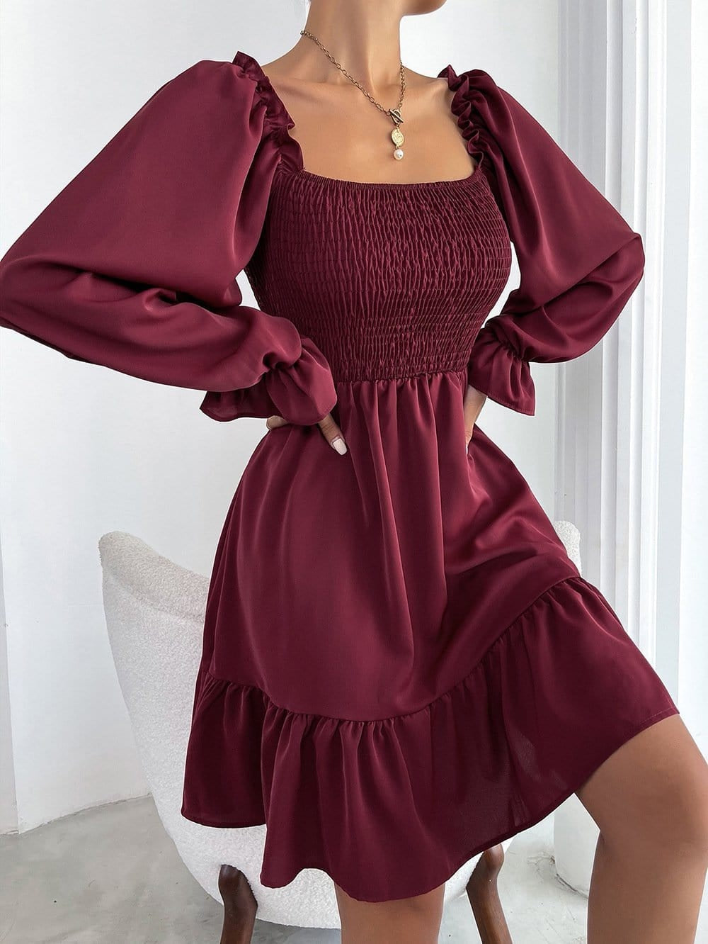 Shirred Ruffle Hem Dress