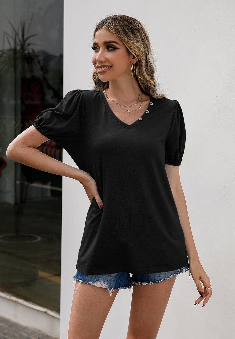 Button Detail Puff Sleeve Tee