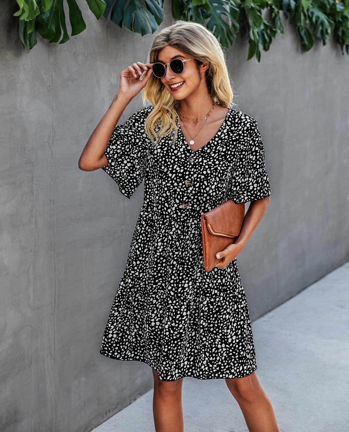 Contrast Button Animal Print Dress