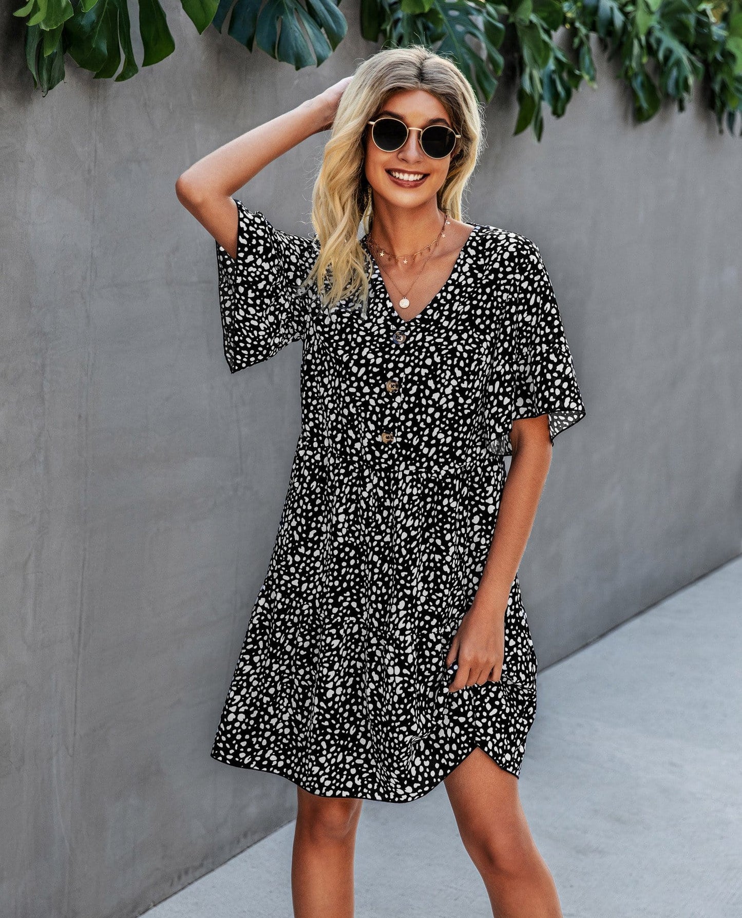 Contrast Button Animal Print Dress