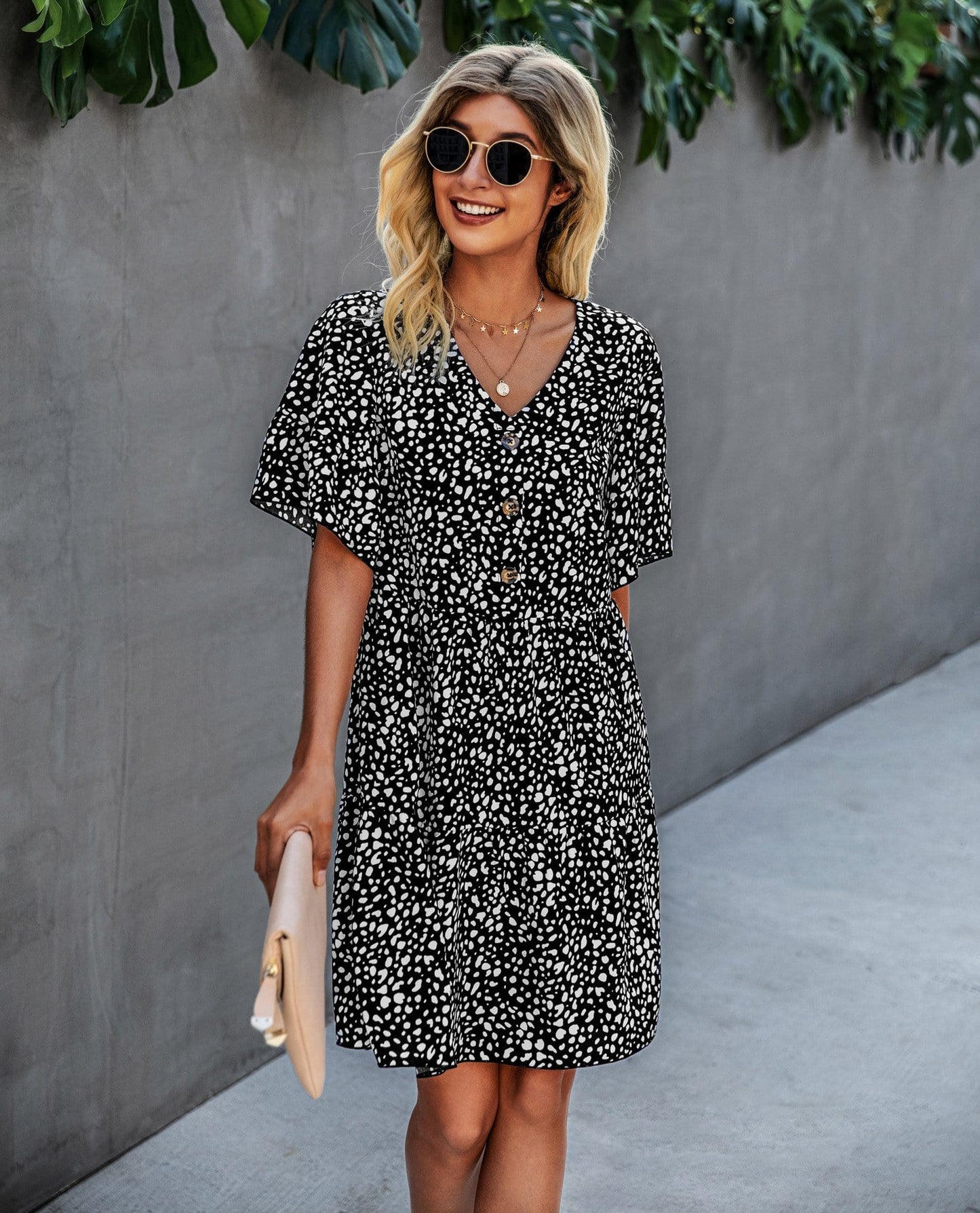 Contrast Button Animal Print Dress