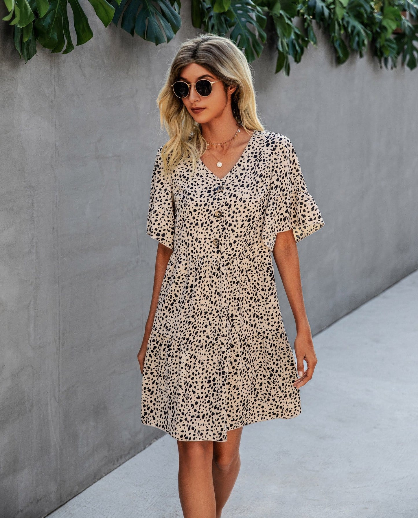 Contrast Button Animal Print Dress