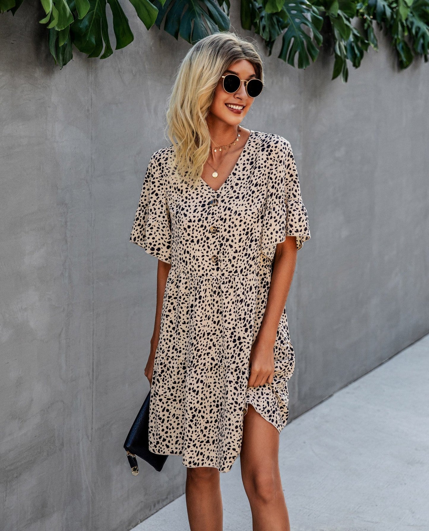 Contrast Button Animal Print Dress