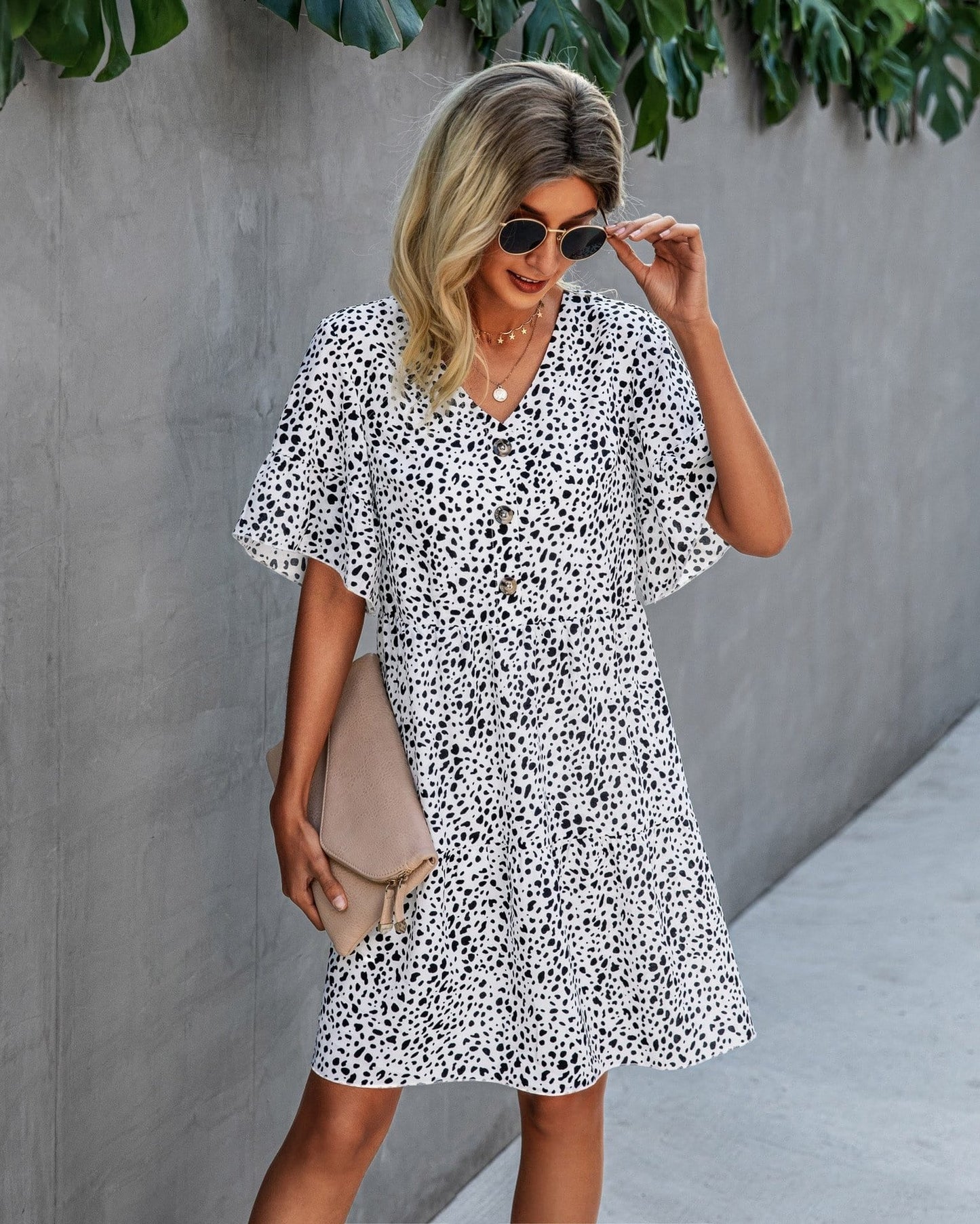 Contrast Button Animal Print Dress