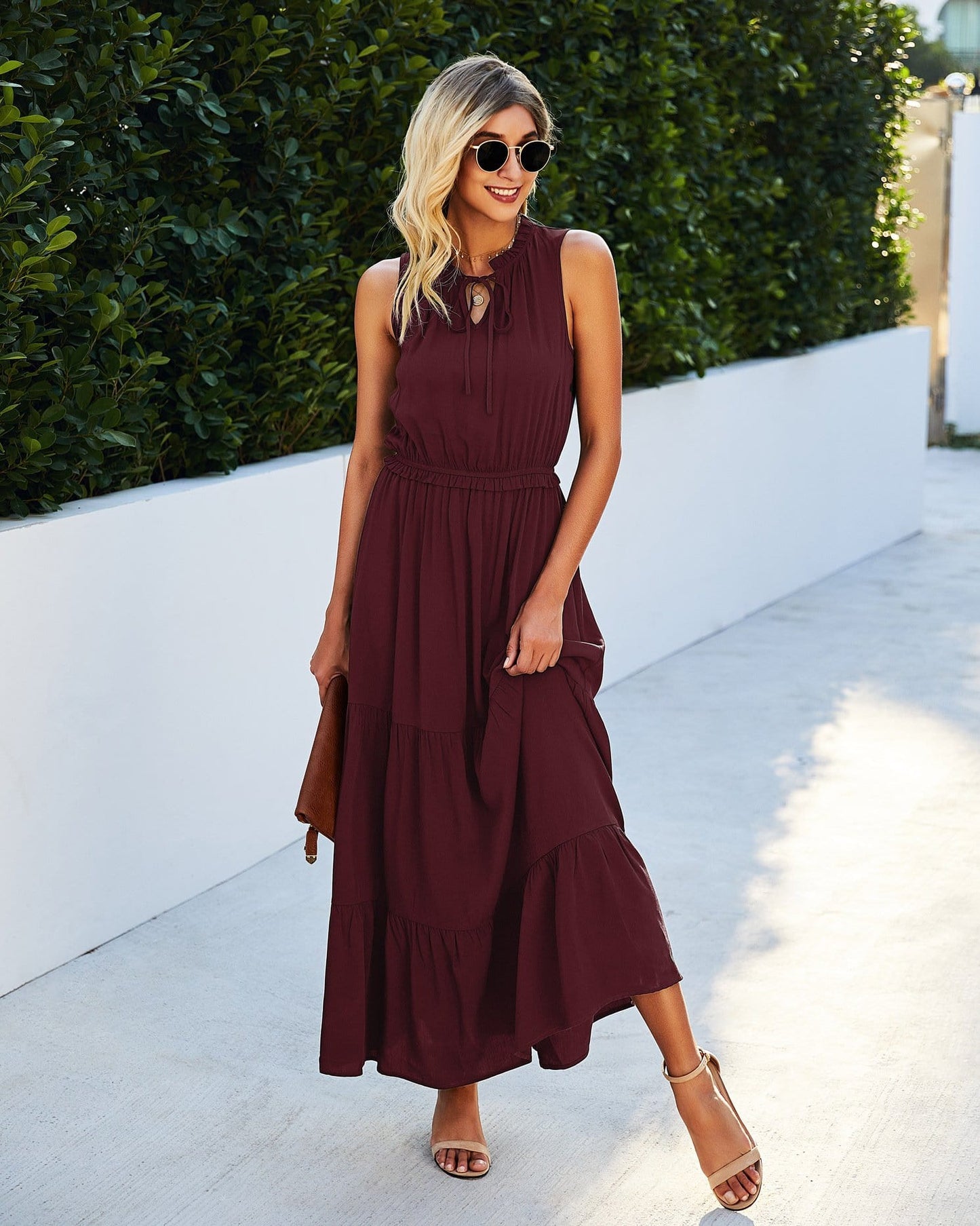 Tie Neck Solid Maxi Dress