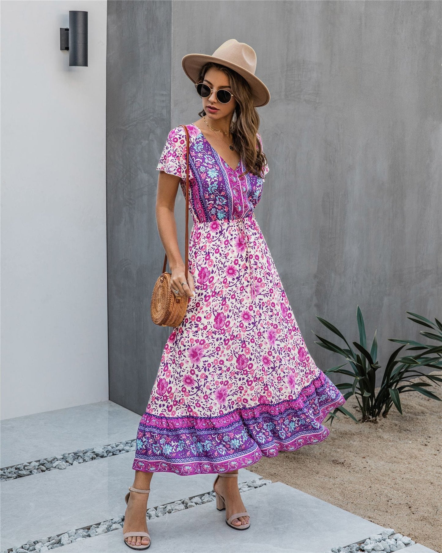 Button Detail Bohemian Floral Dress