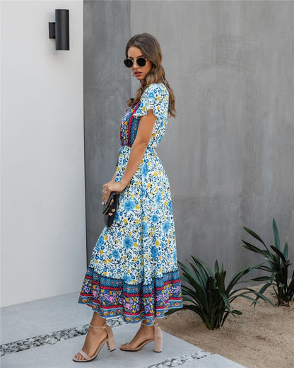 Button Detail Bohemian Floral Dress