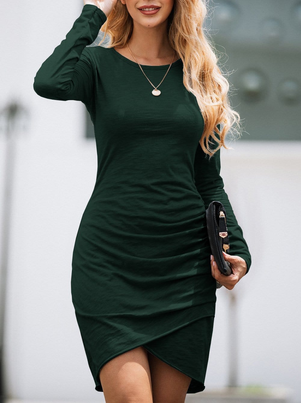 Long Sleeve Overlap Hem Dress