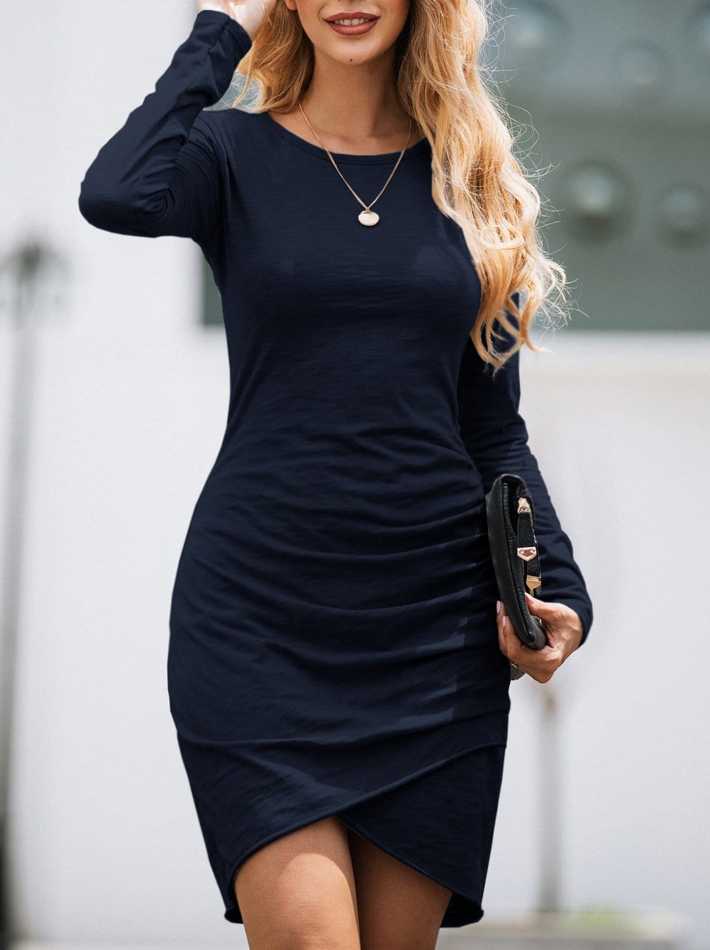 Long Sleeve Overlap Hem Dress