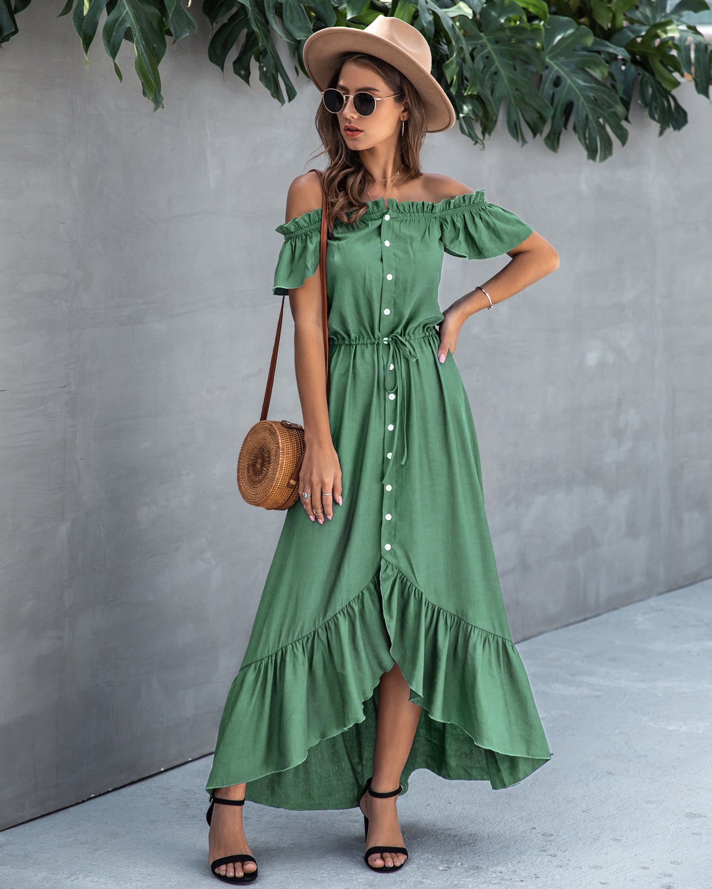 Off Shoulder Button Down Dress