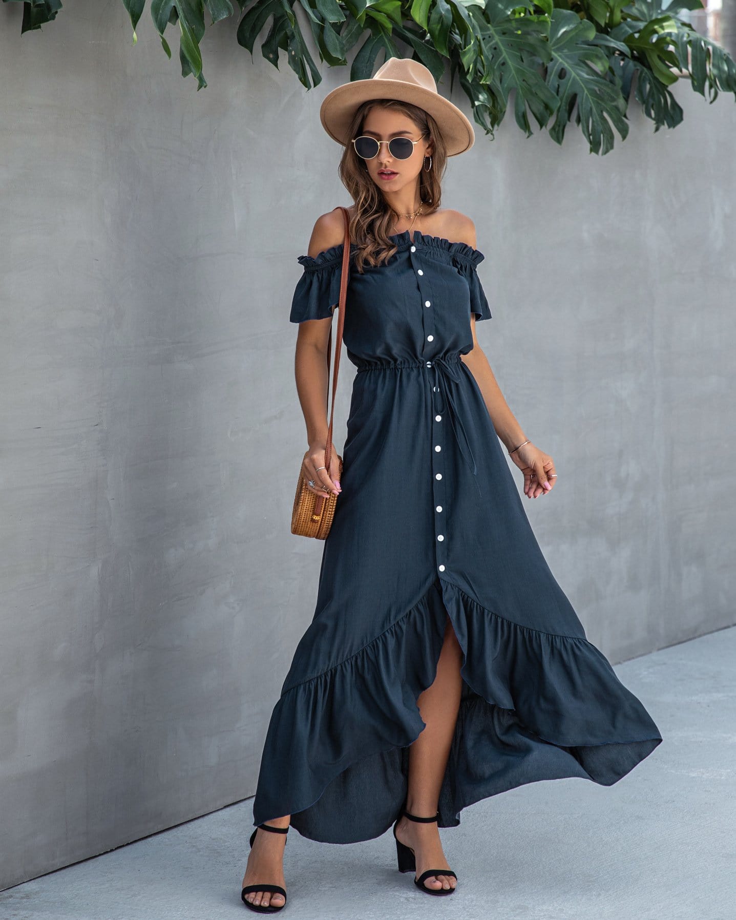 Off Shoulder Button Down Dress