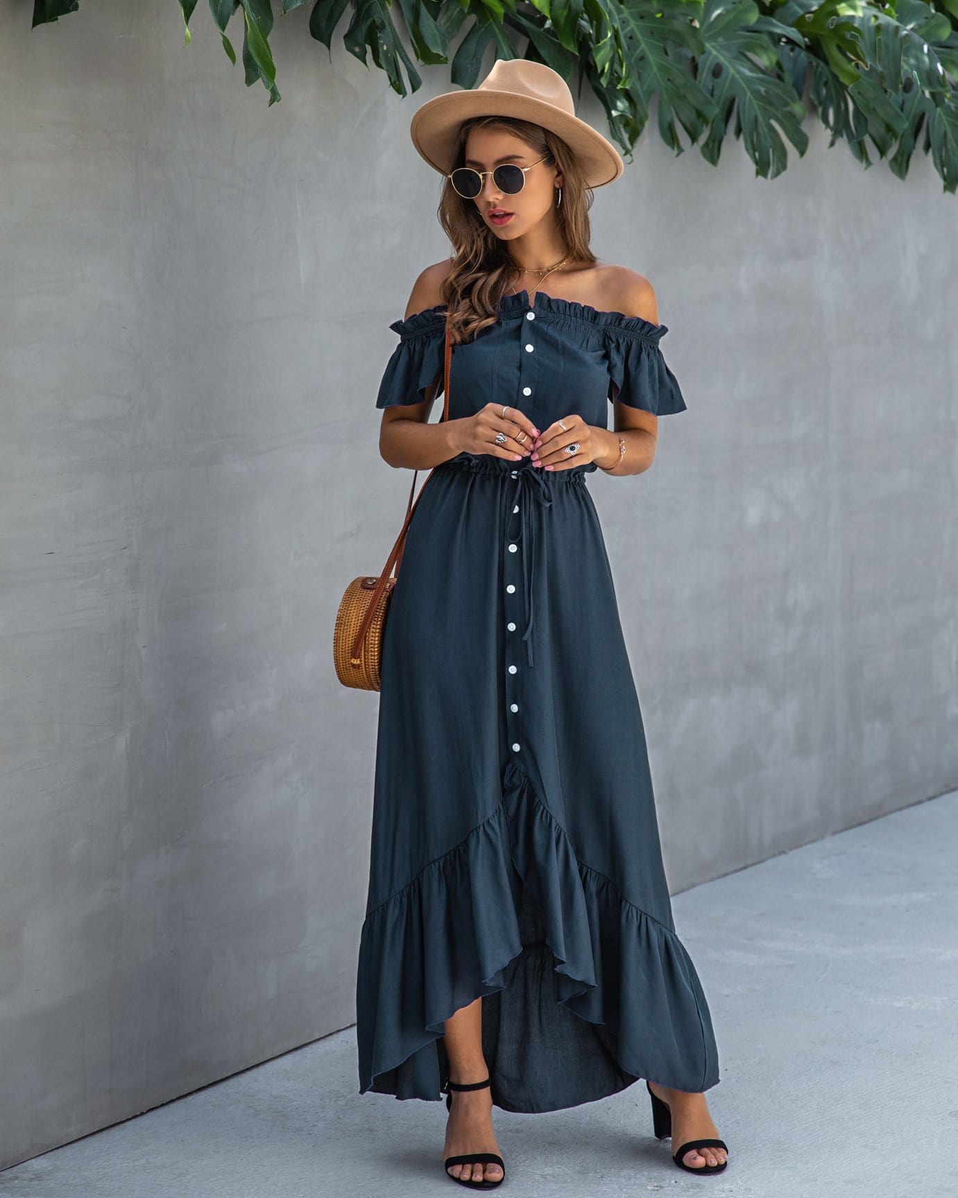 Off Shoulder Button Down Dress