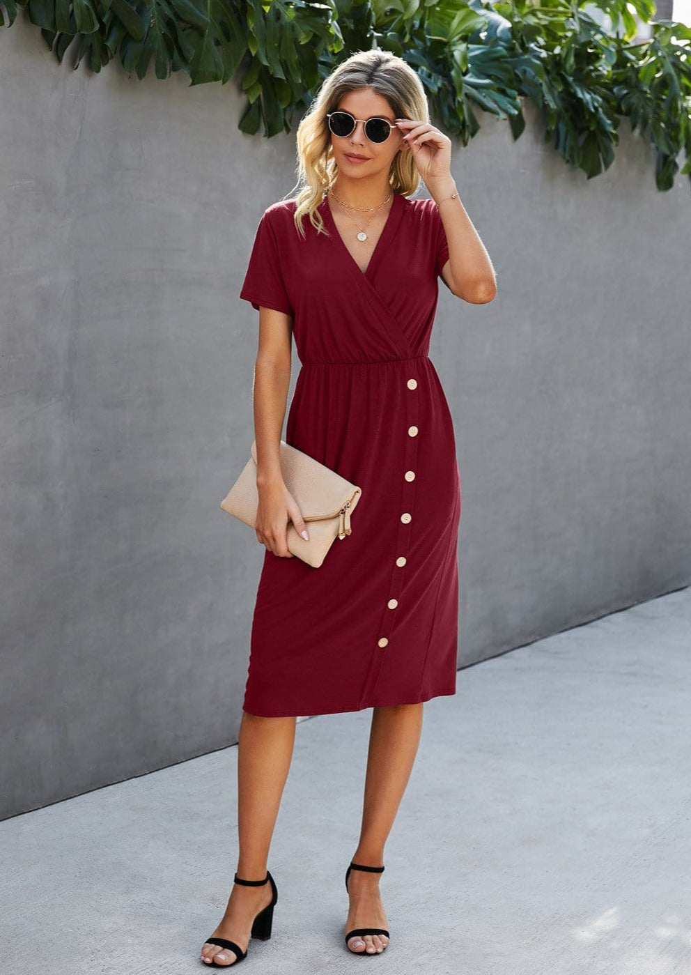 Surplice Neck Button Detail Dress