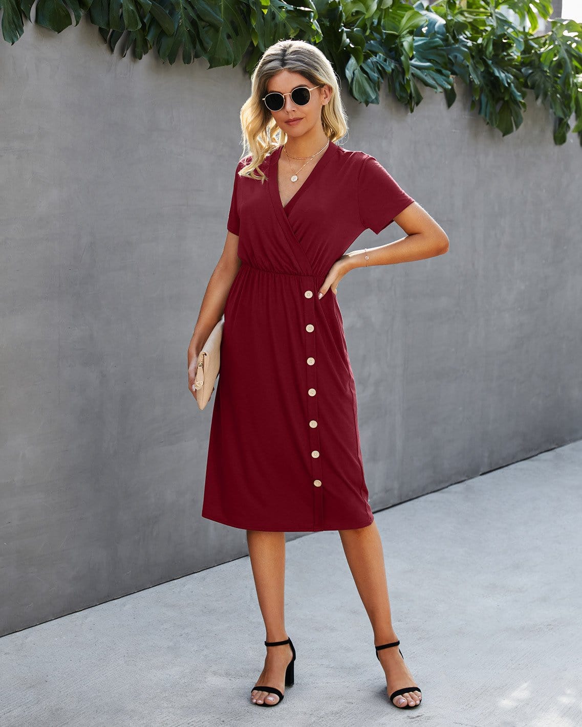 Surplice Neck Button Detail Dress