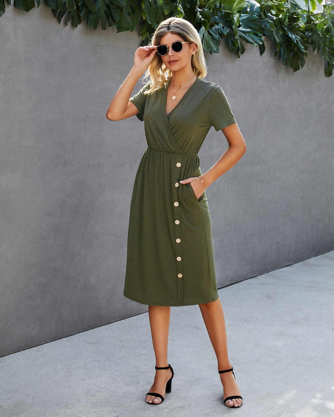 Surplice Neck Button Detail Dress