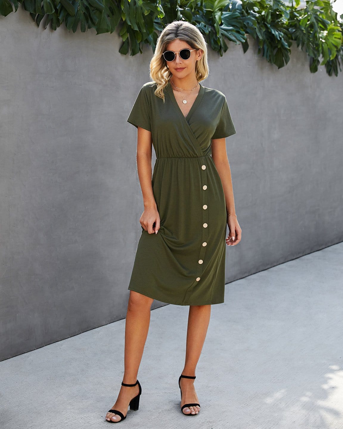 Surplice Neck Button Detail Dress