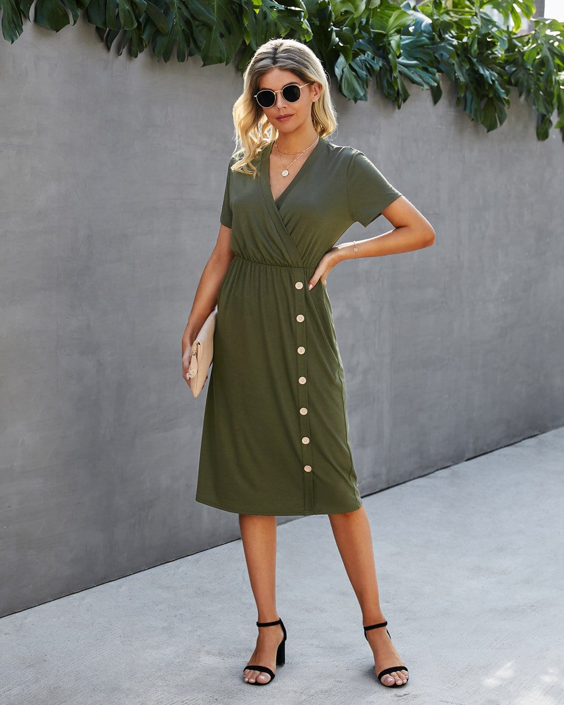 Surplice Neck Button Detail Dress