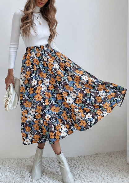 Gartered Floral Print Midi Skirt