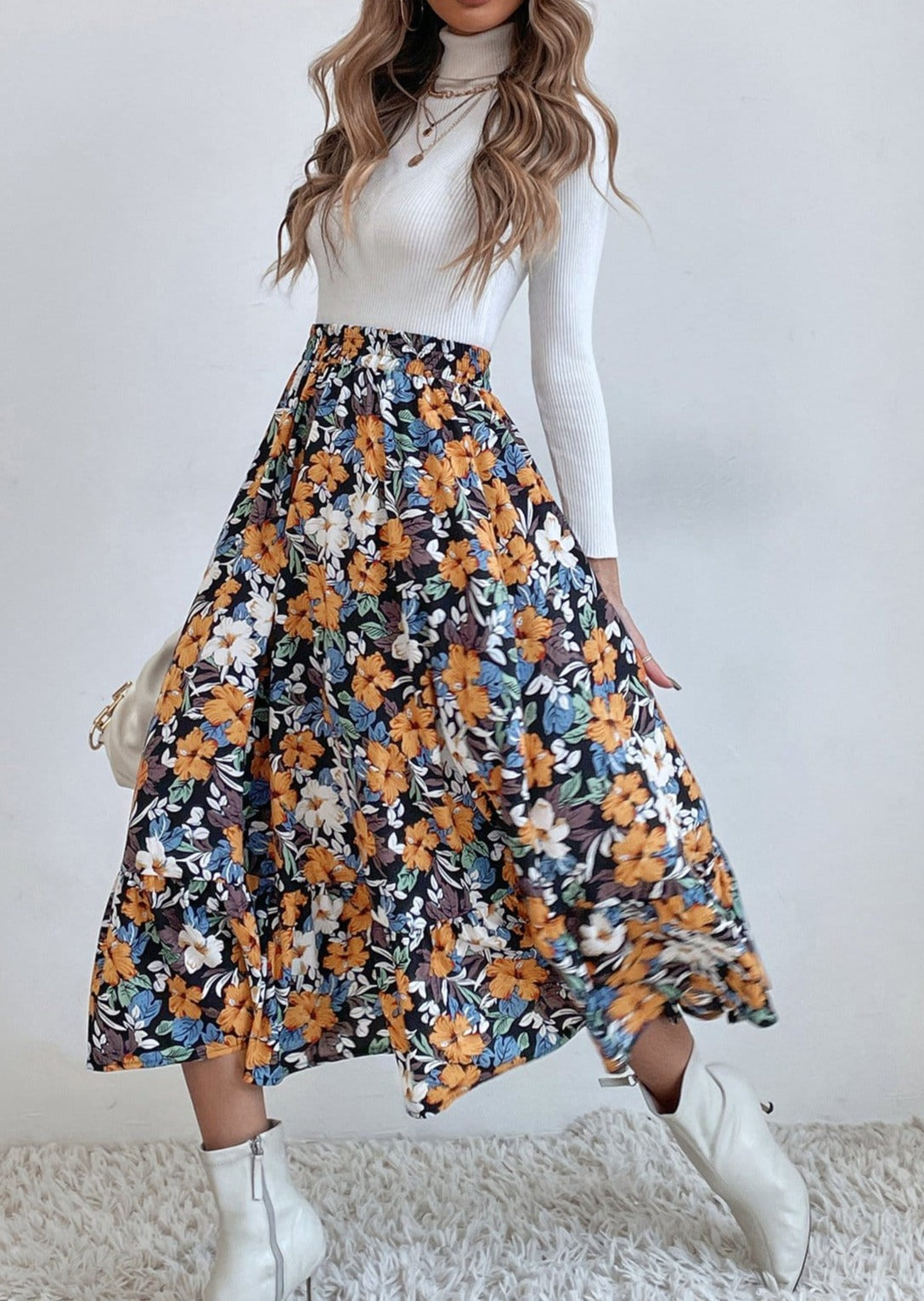 Gartered Floral Print Midi Skirt