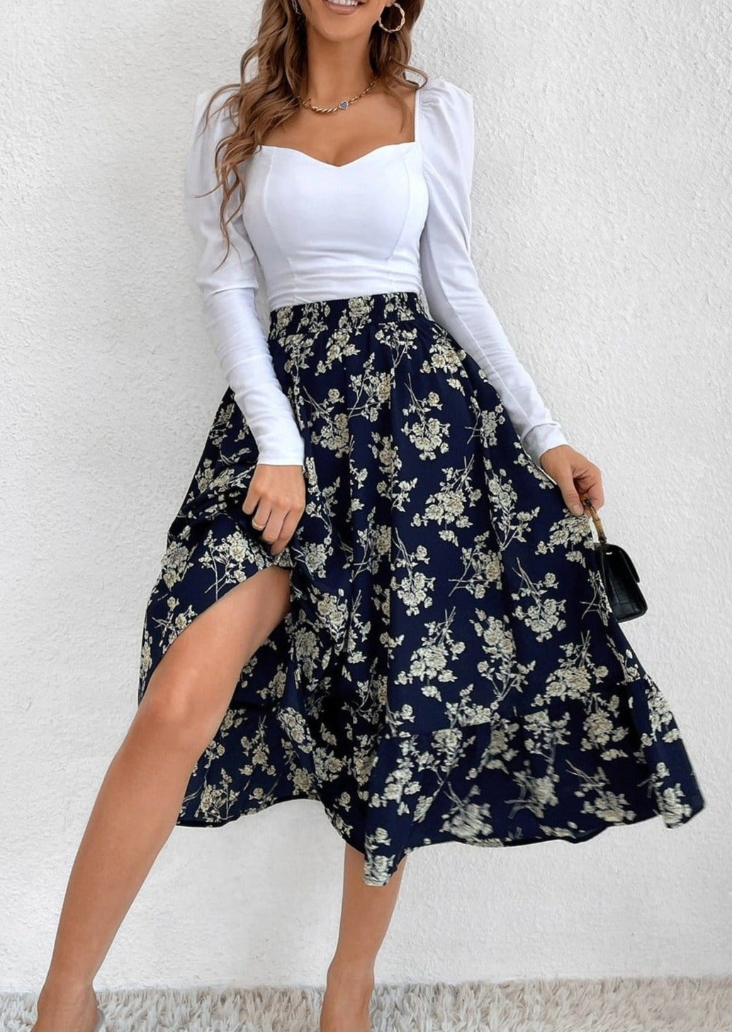 Gartered Floral Print Midi Skirt