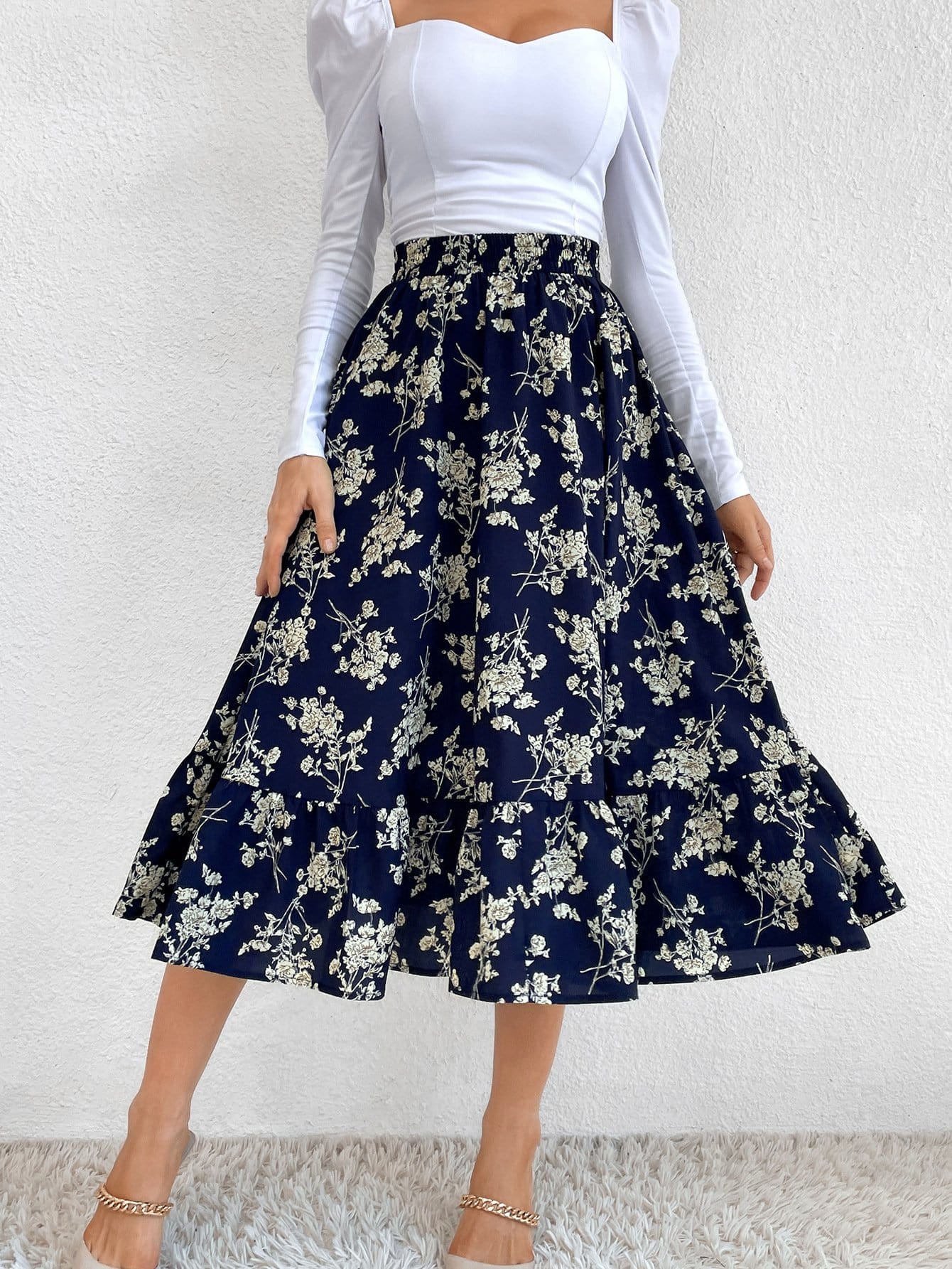 Gartered Floral Print Midi Skirt