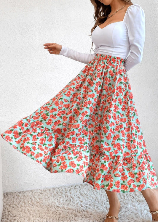 Gartered Floral Print Midi Skirt