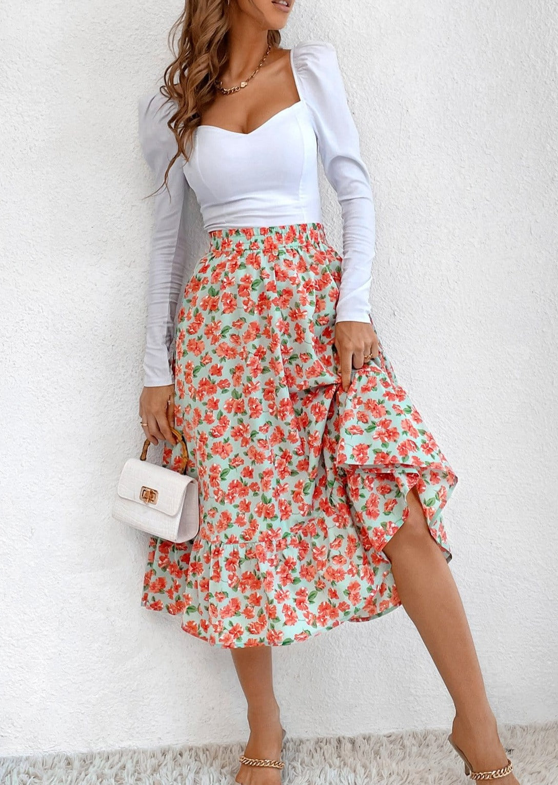 Gartered Floral Print Midi Skirt