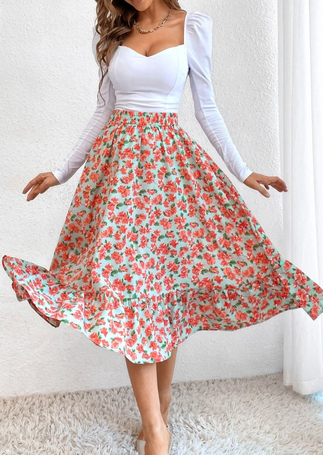 Gartered Floral Print Midi Skirt