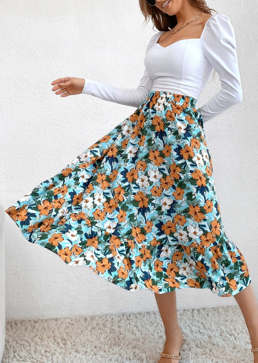 Gartered Floral Print Midi Skirt