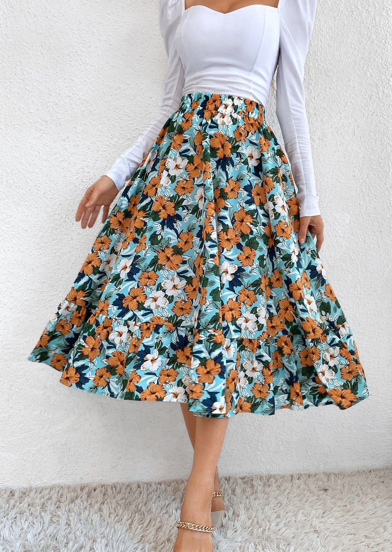 Gartered Floral Print Midi Skirt