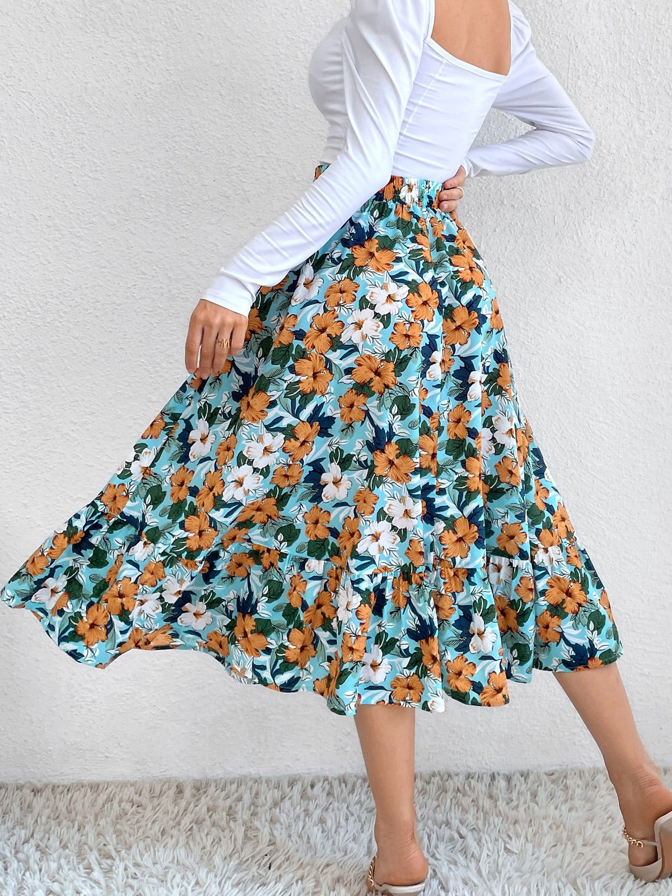 Gartered Floral Print Midi Skirt