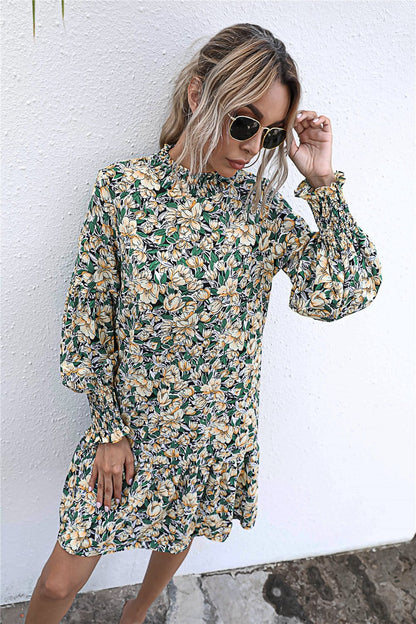 Shirred Neck Floral Shift Dress