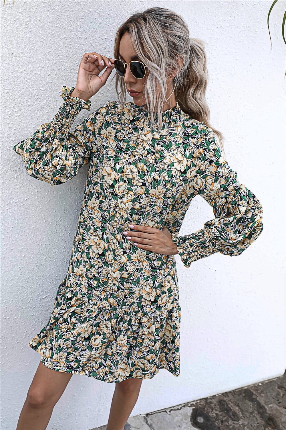 Shirred Neck Floral Shift Dress