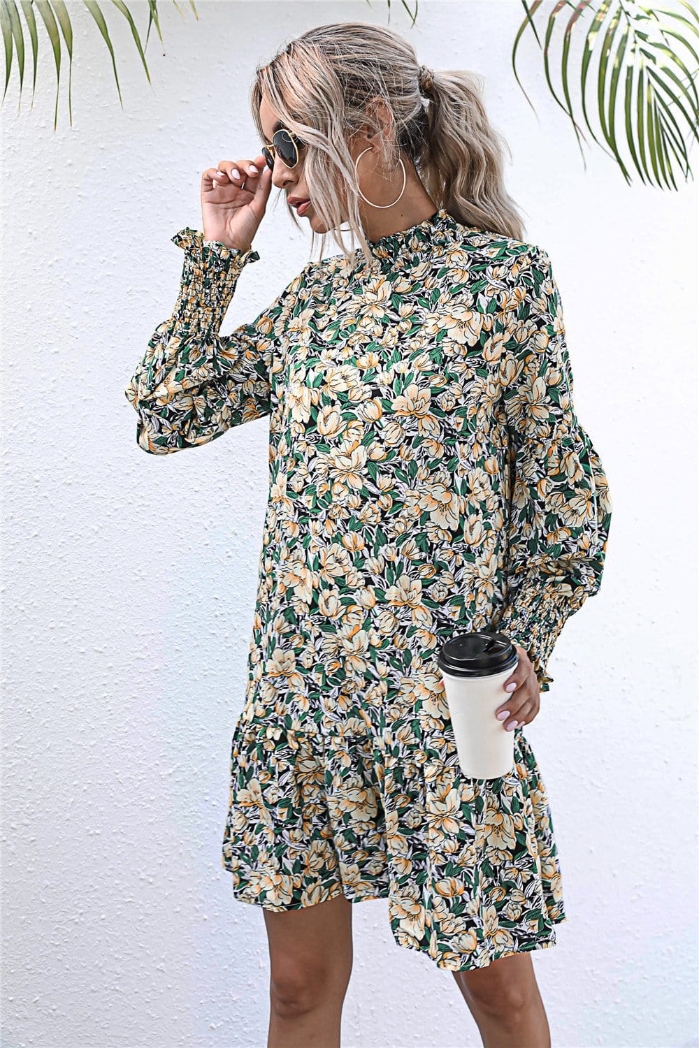 Shirred Neck Floral Shift Dress