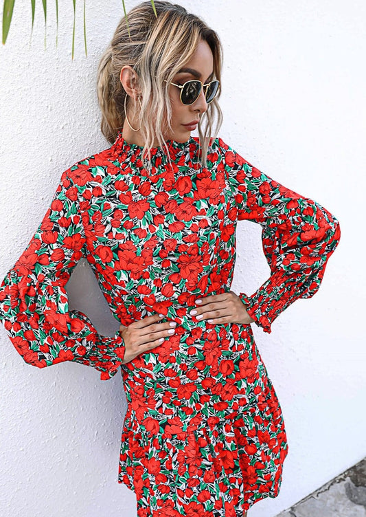 Shirred Neck Floral Shift Dress