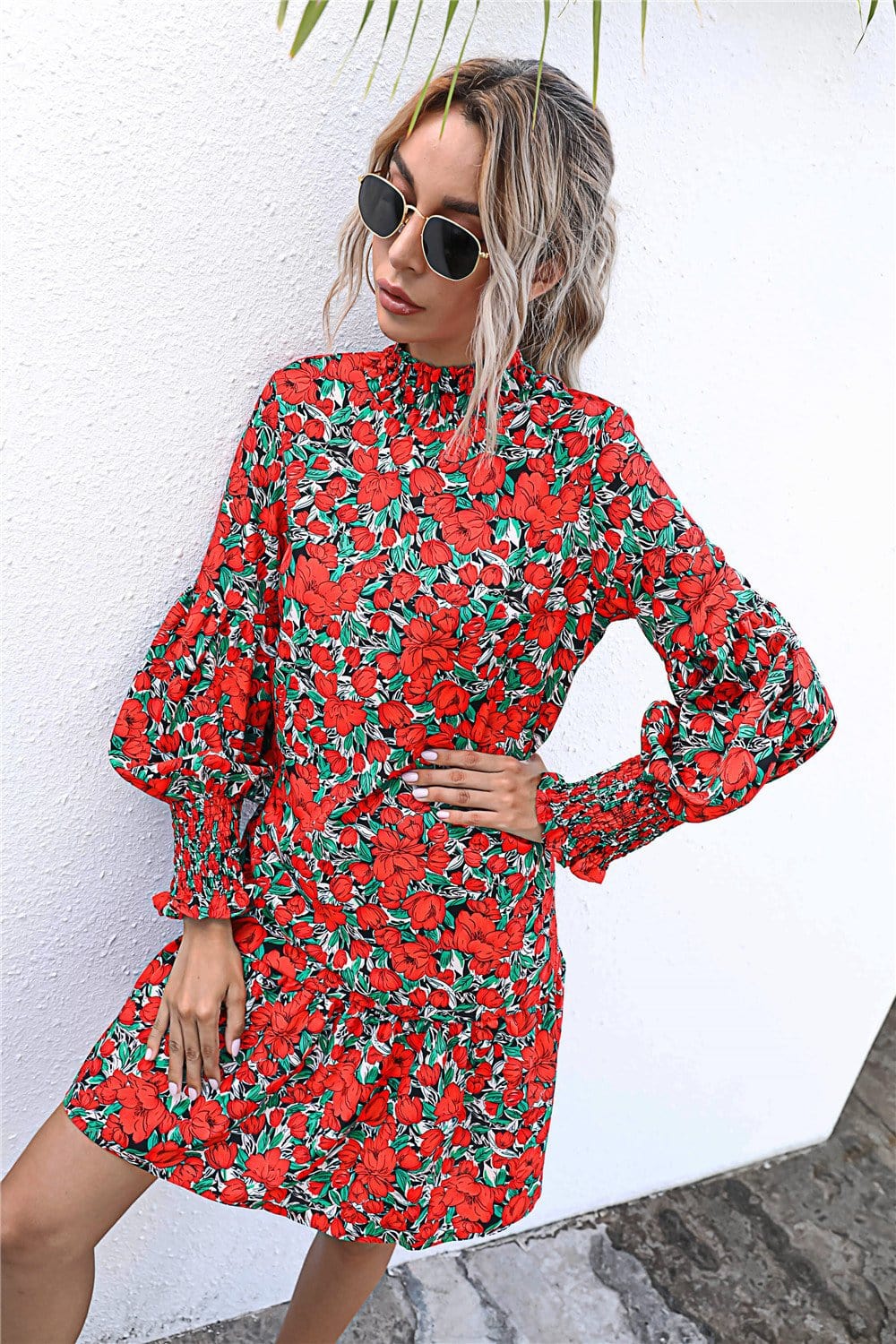 Shirred Neck Floral Shift Dress