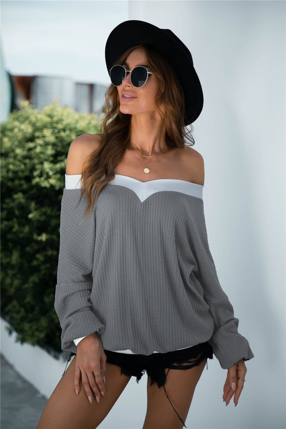 Off Shoulder Two Tone Sweater