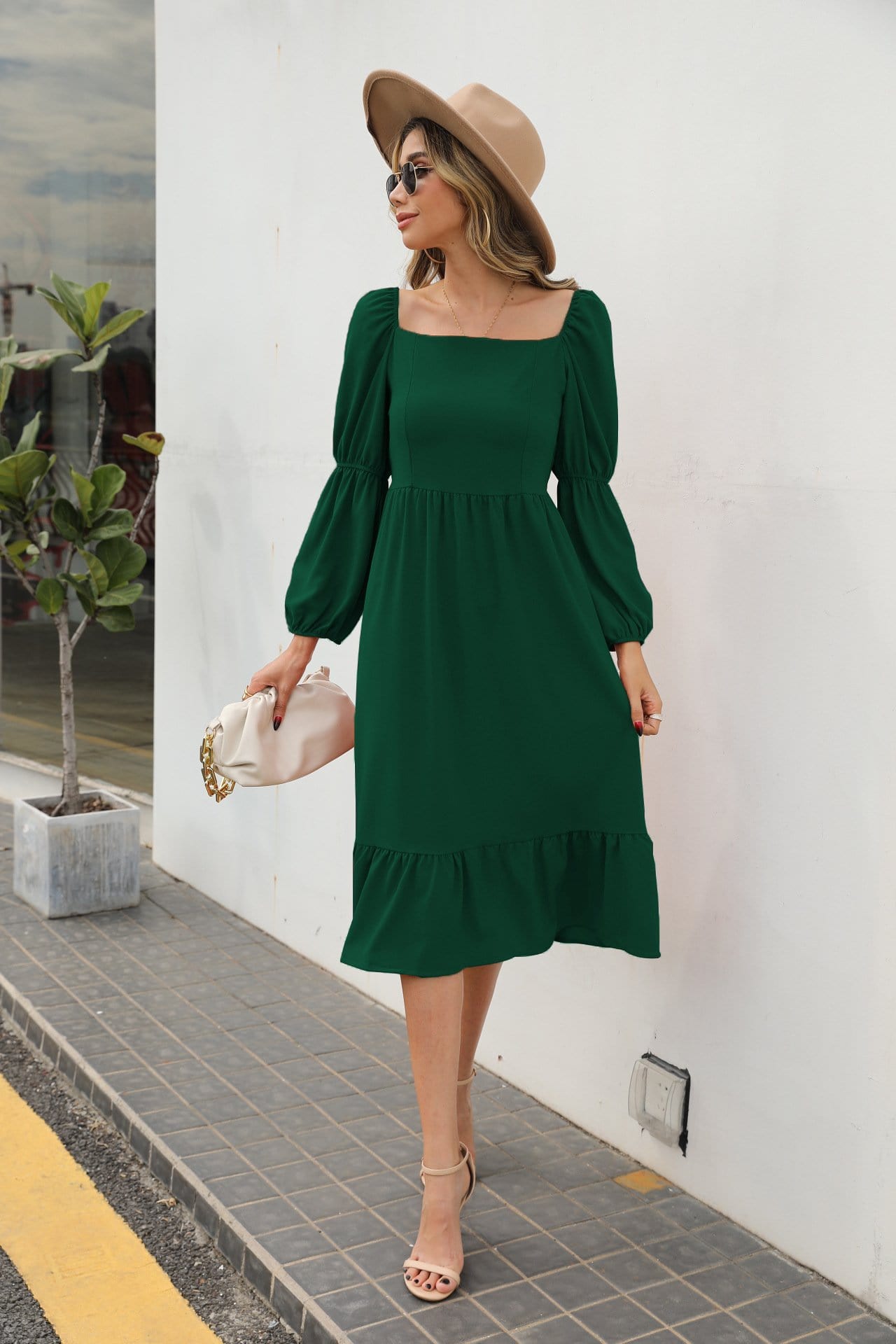 Double Puff Sleeve Solid Dress