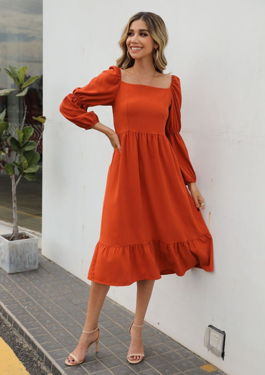 Double Puff Sleeve Solid Dress