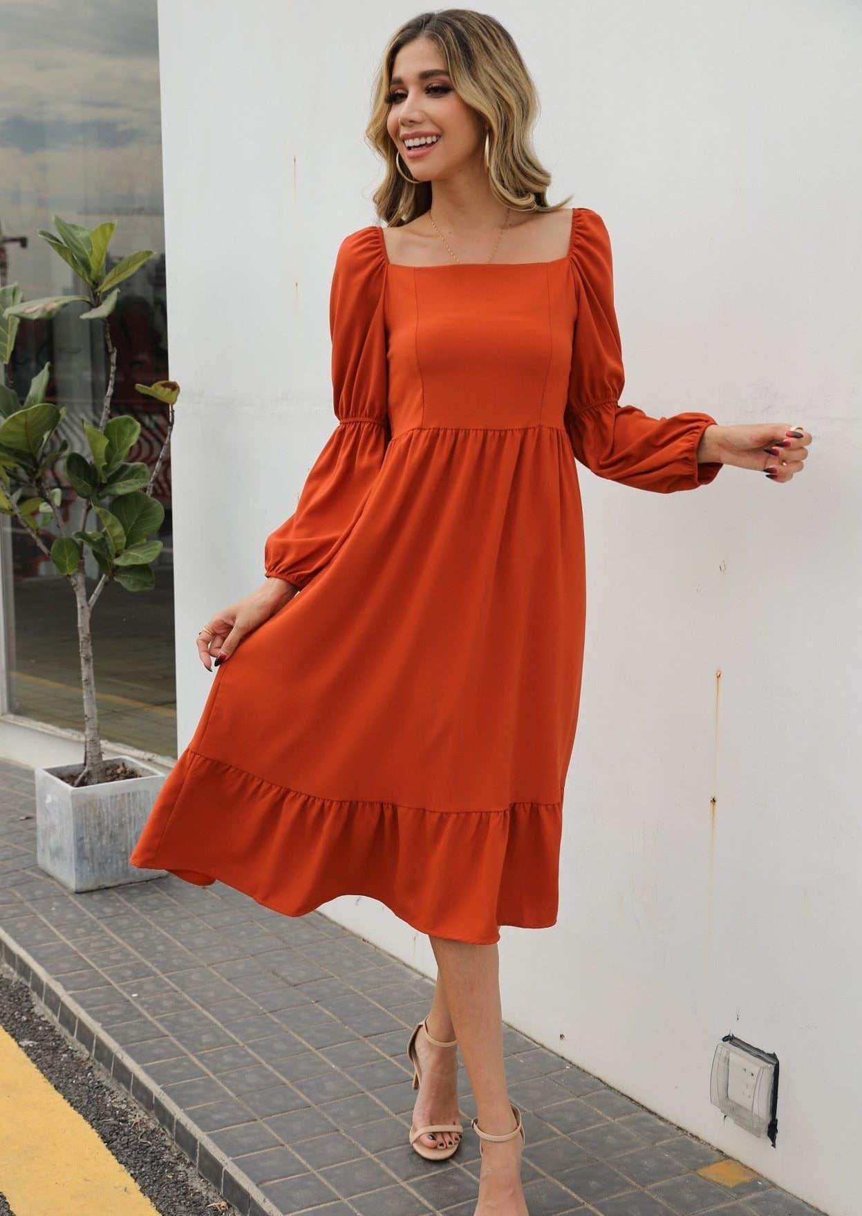 Double Puff Sleeve Solid Dress