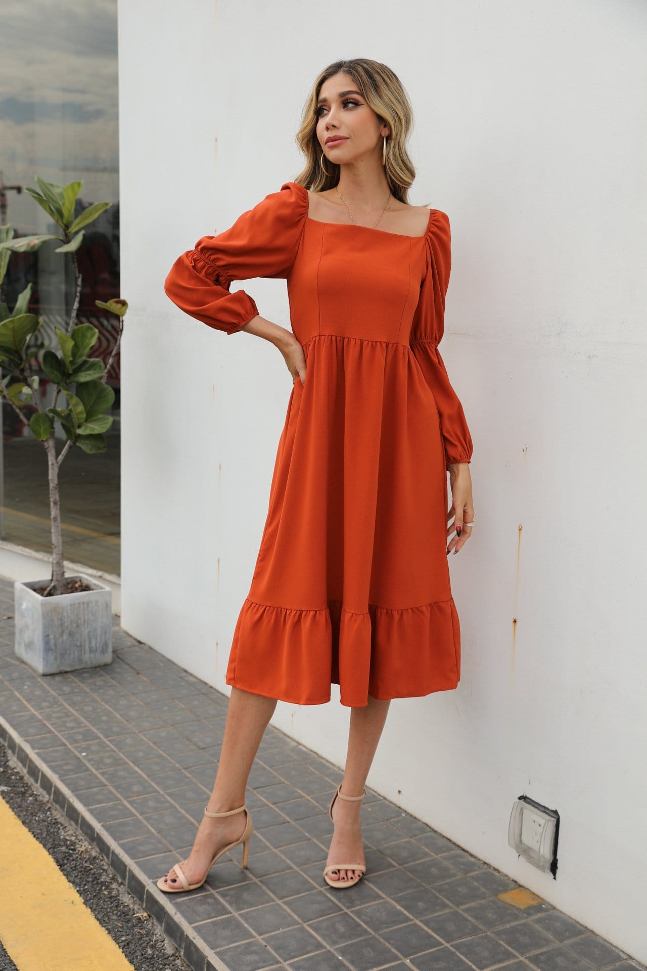 Double Puff Sleeve Solid Dress