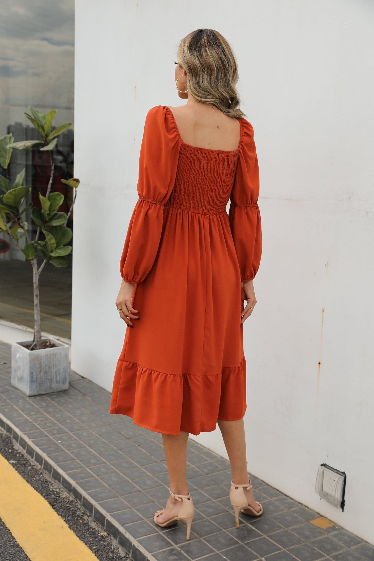 Double Puff Sleeve Solid Dress