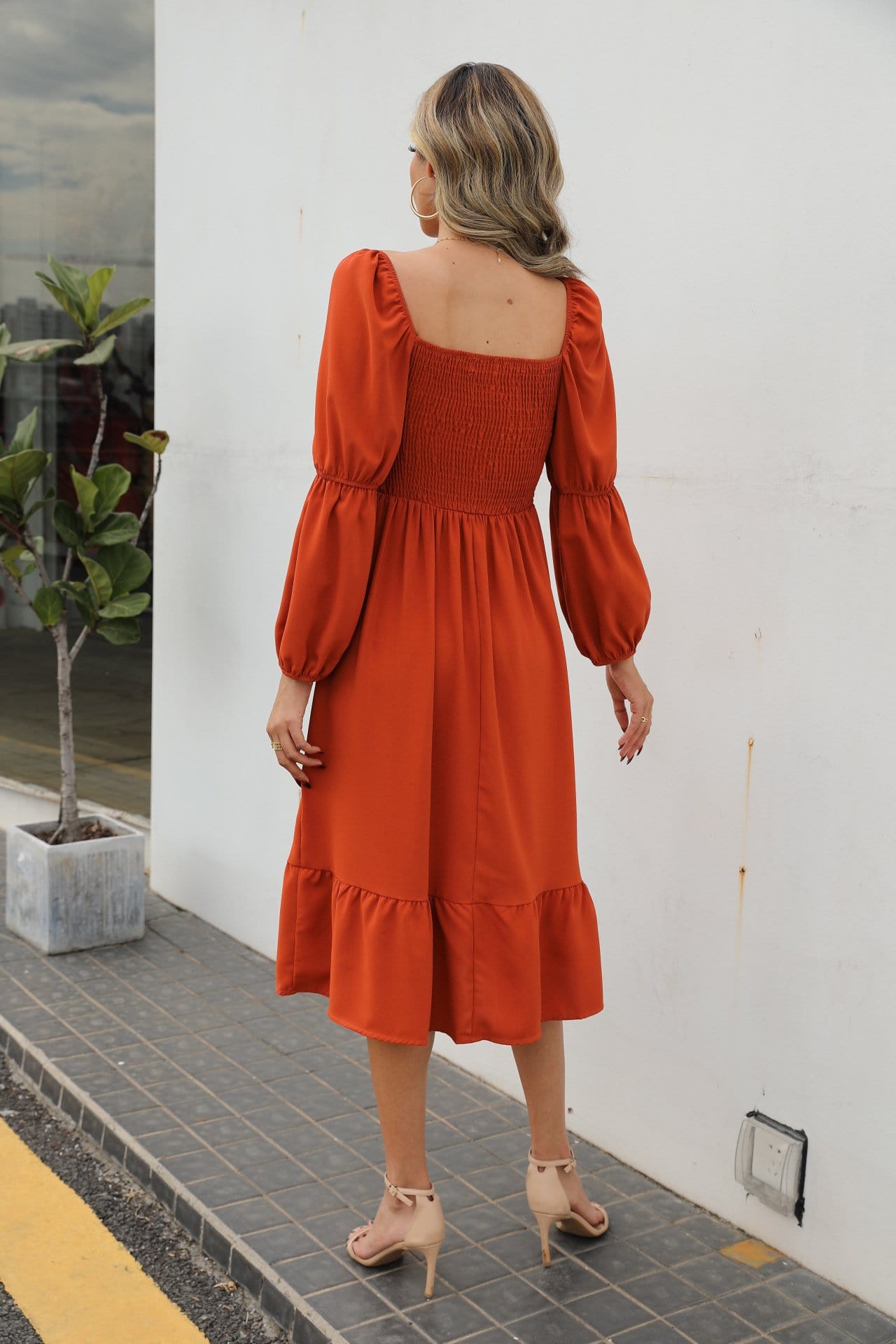 Double Puff Sleeve Solid Dress