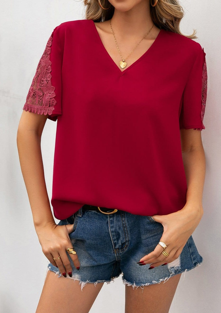 V Neck Lace Detail Blouse