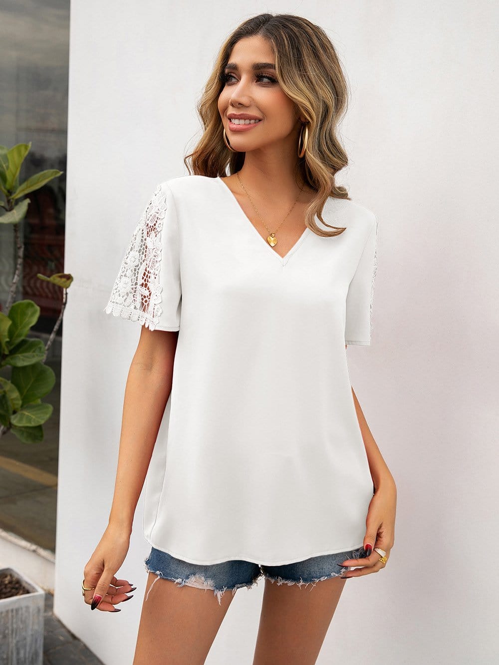 V Neck Lace Detail Blouse