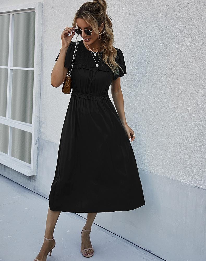 Shirred Neck Flowy Sleeve Dress